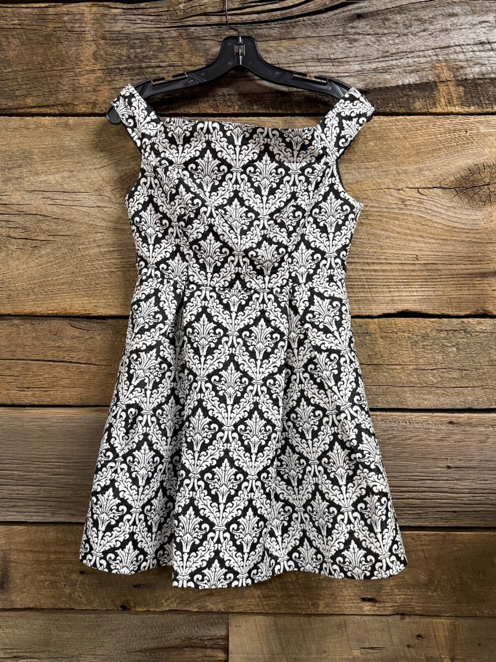 Ark and Co Fit and Flare off shoulder dress, black and white damask, Size small